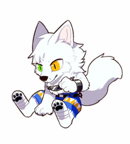 anthro black_nose black_pawpads blue_bottomwear blue_clothing bottomwear chain clothed clothing cuff_(restraint) fangs fur glistening glistening_eyes green_eyes head_tuft heterochromia male mouth_closed pawpads restraints shackles simple_background sitting solo tail teeth three-quarter_view topless tuft unsigned white_background white_body white_ears white_fur white_tail yellow_eyes asnnonaka canid mammal full-length_portrait portrait