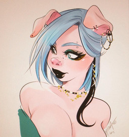 anthro bare_shoulders black_lips blue_eyebrows blue_eyes blue_hair breasts choker cleavage clothed clothing ear_piercing ear_ring eyebrow_piercing eyebrows eyelashes eyeliner eyeshadow facial_piercing female floppy_ears folded_ears freckles green_eyeshadow hair jewelry lips makeup necklace nose_piercing nose_ring piercing pink_body pink_skin ring_piercing short_hair simple_background solo thick_eyelashes thick_lips mirka_andolfo unnatural_(comic) leslie_blair domestic_pig mammal suid suine sus_(pig) 2015 bust_portrait dated portrait signature