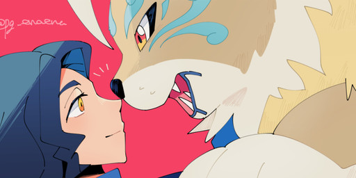 black_hair brown_body brown_fur duo facial_markings feral fur hair head_markings male markings nose_to_nose red_eyes sharp_teeth smile teeth yellow_eyes pg_enaena bandai_namco digimon digimon_beatbreak kyo_sawashiro cougarmon digimon_(species) human mammal