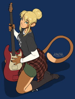 anthro biped bottomwear breasts clothed clothed_anthro clothed_female clothing countershade_torso countershading female fingers footwear fully_clothed fully_clothed_anthro fully_clothed_female fur guitar hair kneeling looking_at_viewer musical_instrument plucked_string_instrument shirt shoes smile solo string_instrument tail topwear kittydee haplorhine mammal monkey primate 2026 digital_drawing_(artwork) digital_media_(artwork) hi_res