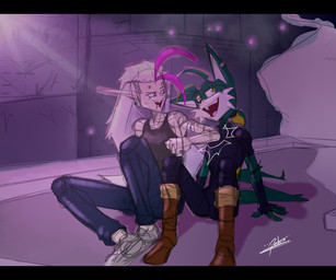 4_fingers 5_fingers anthro big_eyes black_bars bodysuit boots bottomwear city city_background clothing duo female fingers footwear fur gloves green_body green_fur hair handwear humanoid_pointy_ears long_ears long_hair male not_furry pale_skin pants pink_background pink_eyes pink_glow pink_hair pointy_ears ponytail rooftop screen shirt shoes simple_background sitting skinsuit smile smoke sneakers tail tank_top tight_clothing topwear white_body white_fur white_hair wounded yellow_body yellow_eyes yellow_fur pacheco nikolay_(pacheco) volta_(pacheco) canid canine elf fox humanoid mammal 6:5 hi_res letterbox sketch