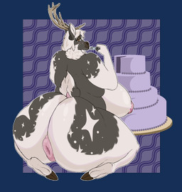 anthro antlers anus big_breasts big_butt blush breasts brown_body butt cake cutlery dessert eating female food fork fur hair holding_object horn huge_butt kitchen_utensils looking_back nipples nude puffy_anus simple_background sitting smile solo tail tools stardustspears northstar deer mammal new_world_deer reindeer alpha_channel digital_media_(artwork) hi_res