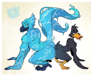 all_fours anthro anthro_on_anthro ass_to_ass avian_feet beak big_butt black_body black_feathers blue_body butt duo eyebrows feathers feet high-angle_view larger_anthro larger_male looking_back male male/male nude raised_tail simple_background size_difference smaller_anthro smaller_male tail toes tongue tongue_out water kolyan-artist european_mythology greek_mythology looney_tunes mythology warner_brothers daffy_duck luuklook anatid anseriform avian bird duck elemental_creature mythological_avian mythological_bird mythological_creature mythological_firebird phoenix water_creature hi_res