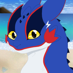 ambiguous_gender beach blinking blue_body blue_scales countershading detailed_background eyewear feral glistening glistening_eyes looking_at_viewer markings red_markings scales sea seaside sharp_teeth smile solo spikes spikes_(anatomy) sunglasses teeth water white_body white_countershading min19 dreamworks european_mythology how_to_train_your_dragon mythology hero_(cyadical) dragon fury_(httyd) mythological_creature mythological_scalie night_fury scalie western_dragon animated icon