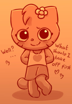 accessory anthro blush bottomwear clothing dialogue female flower flower_in_hair hair hair_accessory hands_behind_back plant shirt skirt solo tank_top text topwear young young_anthro young_female polygon5 playkids kate_(playkids) domestic_cat felid feline felis mammal english_text sketch