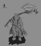 anthro brown_body brown_fur clothed clothing fur holding_object holding_weapon male moon overweight overweight_anthro overweight_male red_moon solo weapon weapon_on_shoulder notamo bloodborne fromsoftware mihoyo sony_corporation sony_interactive_entertainment zenless_zone_zero ben_bigger bear mammal greyscale hi_res monochrome