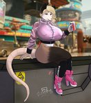 anthro beverage big_breasts blonde_hair breasts brown_body brown_fur city city_background clothing curvy_figure cyberpunk_clothes female footwear fur gloves_(marking) graffiti hair high_heeled_sneakers high_heels holding_beverage holding_object huge_breasts leg_markings long_socks looking_at_viewer markings shoes sitting sneakers socks_(marking) solo swimsuit_under_clothing tan_body tan_fur text text_on_clothing thick_thighs translucent translucent_clothing voluptuous wide_hips conditional_dnp cracky devildjmachine cyberpunk_2077 pepsi possum_(devildjmachine) american_opossum mammal marsupial absurd_res hi_res