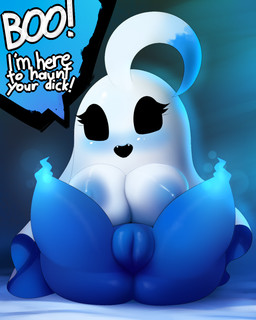 areola big_areola big_breasts big_butt big_nipples blue_body blue_skin breasts butt dialogue female genitals legs_up looking_at_viewer nipples not_furry nude open_mouth plump_labia presenting shortstack shortstack_female solo text vulva plantpenetrator ghost humanoid spirit 2014 4:5 digital_media_(artwork) english_text hi_res