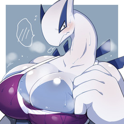 anthro big_breasts blush bodily_fluids breasts clothed clothing female simple_background solo obikuragetyan nintendo pokemon generation_2_pokemon legendary_pokemon lugia pokemon_(species) 1:1 hi_res
