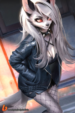 anthro black_collar black_nose breasts clothing collar female fishnet_clothing fishnet_legwear fur grey_hair hair hand_in_pocket jacket legwear pockets red_sclera solo spiked_collar spikes topwear white_body white_fur ladyshalirin hellaverse helluva_boss mythology loona_(helluva_boss) canid canid_demon canine canis demon hellhound mammal mythological_canine mythological_creature wolf 2023 digital_media_(artwork) digital_painting_(artwork) hi_res painting_(artwork)