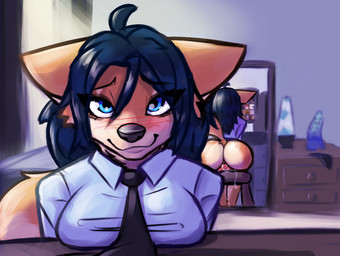 ambiguous_fluids ambiguous_penetration anthro black_hair blue_eyes blush bottomless breast_rest breasts clothed clothing dildo dipstick_tail female fur hair lamp lava_lamp looking_at_viewer markings mirror mirror_reflection necktie orange_body orange_fur penetration reflection riding_dildo sex_toy smile smiling_at_viewer solo tail tail_markings tentacle_dildo text murrdusa e621 canid canine fox mammal