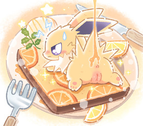 angry anus black_inner_ear blush bodily_fluids body_blush bolt_emanata bread butt chibi cutlery emanata female feral food food_fetish food_play fork fruit fur genitals honey_(food) honey_on_body kitchen_utensils knife lemon liquid looking_back on_food orange_(fruit) pawpads plant plate pouring pouring_liquid purple_sclera silverware size_difference smaller_female solo sparkles star_symbol sweat sweatdrop tools vulva vulva_blush yellow_body yellow_ears yellow_fur yellow_paws waruwaru0205 nintendo pokemon eeveelution generation_1_pokemon jolteon pokemon_(species) 2026 colored digital_drawing_(artwork) digital_media_(artwork) hi_res