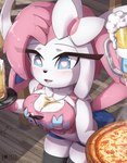 alcohol anthro beer beverage blush bottomwear breasts cleavage clothed clothing female food heart_eyes heart_symbol legwear looking_at_viewer midriff pizza platter shorts solo stockings rilex_lenov nintendo pokemon mina_(rilex_lenov) eeveelution generation_6_pokemon pokemon_(species) sylveon 2024 hi_res