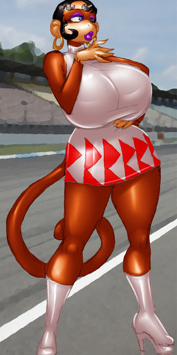 anthro big_breasts biped boots breasts clothing ear_piercing female footwear high_heeled_boots high_heels huge_breasts latex lips lipstick makeup piercing race_queen shoes solo marauder6272 naja_monkey haplorhine mammal monkey primate hi_res