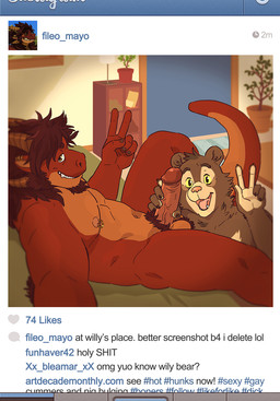 5_fingers anthro anthro_on_anthro ball_tuft balls brown_body brown_fur camera_view duo ear_piercing ear_ring erection facial_hair fingers fur genitals gesture goatee grin hand_gesture horn humanoid_genitalia humanoid_penis imminent_sex inside looking_at_viewer lying male male/male nipple_piercing nipple_ring nipples nude on_back open_mouth orange_body orange_scales penis penis_grab penis_in_face piercing posing_nude profanity pubes red_body red_scales ring_piercing scales selfie selfie_with_penis smile social_media tail text tuft v_sign vein yellow_body yellow_fur artdecade instagram mythology fileossur willy_(artdecade) bear dragon mammal mythological_creature mythological_scalie scalie sloth_bear ursine digital_media_(artwork) english_text hi_res url