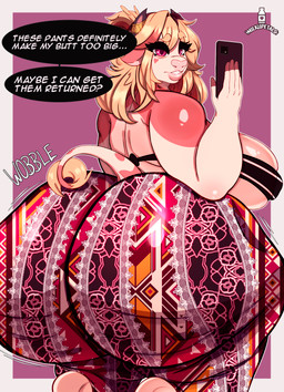 anthro big_butt butt cellulite digitigrade female flare_pants horn huge_butt hyper hyper_butt lips overweight small_tail solo tail text thick_lips wide_hips milkiipetals lea_(milkiipetals) bovid bovine cattle mammal absurd_res english_text hi_res huge_filesize