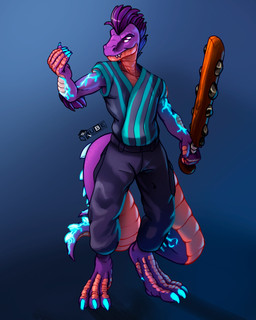 2_tails 4_eyes abstract_background armed black_clothing bottomwear claws clothed clothing digitigrade feathers glowing glowing_body glowing_markings glowing_scales hair macuahuitl male markings melee_weapon multi_eye multi_tail orange_body orange_scales pants purple_body purple_eyes purple_hair raised_arm scales sleveless_shirt solo standing tail weapon drqube reptile scalie 4:5 cel_shading hi_res shaded