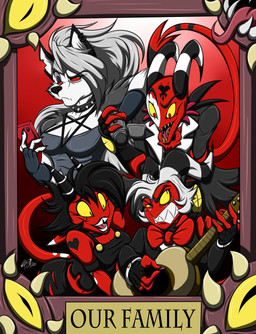 acoustic_guitar angry anthro black_hair breasts camera cellphone claws clothing collar ear_piercing electronics eyebrows female freckles grey_hair group guitar hair horn male markings mole_(marking) musical_instrument phone piercing plucked_string_instrument red_body red_eyes red_sclera sharp_teeth smartphone smile spiked_collar spikes string_instrument tattoo teeth white_body white_eyes white_hair yellow_sclera smokefox101 hellaverse helluva_boss mythology blitzo_(helluva_boss) loona_(helluva_boss) millie_(helluva_boss) moxxie_(helluva_boss) canid canid_demon canine demon hellhound imp mammal mythological_canine mythological_creature 2020 hi_res signature