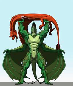 abs ambiguous_gender amputation anthro biceps biped calf_muscles death duo forearm_muscles from_front_position gradient_background green_body hotd male membrane_(anatomy) membranous_wings muscular obliques quads red_body ripped_arm ripped_wings simple_background tail vhagar victory_position violence wings lakhanto european_mythology game_of_thrones house_of_the_dragon mythology caraxes dragon mythological_creature mythological_scalie scalie western_dragon wyrm_(dragon) wyvern