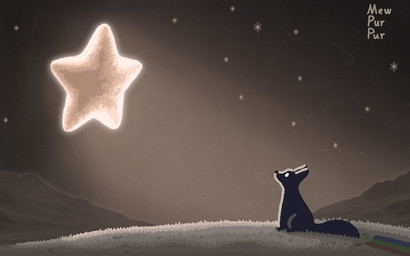 ambiguous_gender feral grass hill night paint plant sitting solo star toony mewpurpur vicki_(godsvg) canid canine fox mammal 16:10 monochrome sepia widescreen