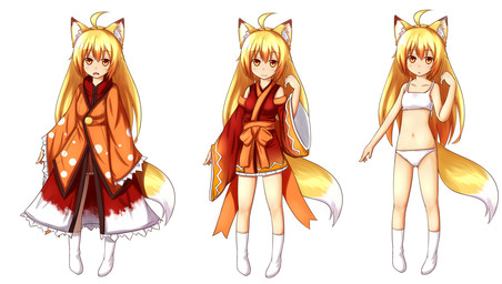 ahoge amber_eyes blonde_hair bow_(feature) bow_in_front breasts clothed clothing female fluffy fluffy_tail footwear fur hair inner_ear_fluff legwear looking_at_viewer open_mouth simple_background small_breasts socks solo tail tuft underwear waist_bow white_background white_body white_fur yellow_body yellow_fur young horokusa0519 korai_(horokusa) animal_humanoid canid canid_humanoid canine canine_humanoid fox_humanoid humanoid mammal mammal_humanoid 2015 model_sheet