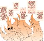 9_tails age_difference black_hair bodily_fluids canid canine crying english_text female fox fox_spirit fur hair human inner_ear_fluff interspecies larger_female male mammal multi_tail older_female orange_body orange_fur orange_skin plushie sanzo size_difference smaller_human smaller_male snout tail tail_hug tears text thinking translated tuft younger_male