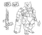 anthro armor axe ballistic_shield chest_armor headgear helmet holding_object holding_weapon leg_armor male military_gloves pouches semi-automatic shield solo thigh_pouch tomahawk weapon hotchkisstank bear mammal 2022 monochrome