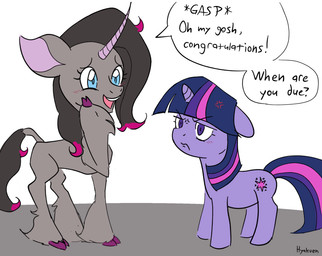 annoyed belly black_hair blue_eyes blue_hair blush cloven_hooves cross-popping_vein dialogue duo ears_down female feral fetlocks frown fur grey_body grey_fur hair highlights_(coloring) hooves horn larger_female misunderstanding multicolored_hair multicolored_tail open_mouth open_smile pink_highlights pivoted_ears purple_body purple_eyes quadruped simple_background size_difference smaller_female smile tail text unimpressed hyakuen friendship_is_magic hasbro my_little_pony mythology them's_fightin'_herds oleander_(tfh) twilight_sparkle_(mlp) classical_unicorn equid equine mammal mythological_creature mythological_equine unicorn 2021 artist_name crossover digital_drawing_(artwork) digital_media_(artwork) english_text