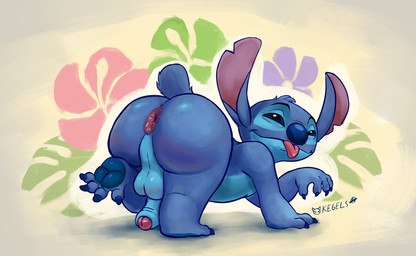 all_fours anthro anus balls big_butt blep blue_body blue_fur butt fur genitals huge_butt humanoid_genitalia humanoid_penis looking_back male notched_ear penis rear_view smile solo tongue tongue_out kegelsart disney lilo_and_stitch stitch_(lilo_and_stitch) alien experiment_(lilo_and_stitch) digital_media_(artwork)
