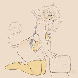 anthro big_butt blush breasts butt clothing erect_nipples female female_anthro kneeling legwear neck_tuft nipple_outline nipples one-piece_swimsuit orange_background side_view simple_background solo swimwear tail tail_tuft thick_thighs thigh_highs tuft tusks wide_hips yellow_clothing yellow_legwear yellow_thigh_highs chabin mammal suid suine sus_(pig) wild_boar 1:1 hi_res