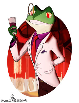 accessory alcohol anthro belt beverage bottomwear clothing container countershade_face countershade_neck countershading cup drinking_glass glass glass_container glass_cup green_body jacket male necktie pants red_eyes smile solo teeth topwear white_clothing white_jacket white_topwear wine wine_glass yellow_sclera lownleinhigh wralf_airrick_rockhold amphibian domestic_cat felid feline felis frog mammal tree_frog tuxedo_cat 2021 absurd_res hi_res signature