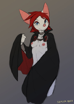 anthro areola bat_ears bat_nose blue_eyes breasts cape cape_only clothing collar fangs female fur hair high_collar looking_at_viewer mostly_nude nipples red_hair simple_background solo teeth topwear white_body white_fur sealer4258 lana_(sealer4258) bat leaf-nosed_bat mammal microbat vampire_bat wingless_bat yangochiropteran digital_media_(artwork) hi_res