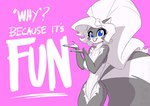 anthro blue_eyes breasts clothing female fur gesture grey_body grey_fur hair leotard looking_at_viewer pink_background simple_background smile solo text underline white_body white_fur white_hair conditional_dnp jollyjack chloe_sinclaire mammal mephitid skunk 2023 english_text