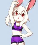 anthro athletic_wear blush bottomwear bra breasts cleavage clothed clothing female fur gym_bottomwear gym_shorts hand_on_hip kemono lagomorph leporid looking_up mammal midriff navel open_mouth pillarbox rabbit red_eyes shorts simple_background solo sports_bra standing underwear unrealplace white_body white_fur wusagi_(unrealplace) young young_anthro