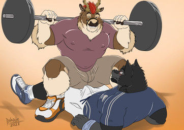 anthro anthro_on_anthro antlers barbell barbell_squats blush bottomwear clothed clothing duo erection erection_under_clothing exercise footwear gradient_background hair horn lying male male/male male_on_bottom male_on_top muscular muscular_anthro muscular_male nipple_outline on_back on_bottom on_top orange_background sexercise shirt shoes shorts simple_background smile squats tenting topwear weightlifting workout shade_the_wolf randall_(ligernrd20) shade_(shade_the_wolf) canid canine canis deer mammal new_world_deer reindeer wolf 2021 dated signature story story_in_description