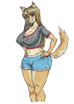 blue_eyes bottomwear breasts cleavage clothed clothing female hair inner_ear_fluff looking_at_viewer shirt shorts smile solo tail topwear tuft oluttzada felid feline mammal hi_res