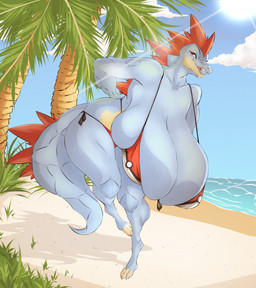 anthro beach bent_over big_breasts bikini blue_body breasts claws clothing exposure_variation female front_view hanging_breasts huge_breasts hyper hyper_breasts leaning leaning_forward looking_at_viewer open_mouth palm_tree plant red_eyes scales solo sun swimwear tail thick_thighs toe_claws tree two-piece_swimsuit dullvivid nintendo pokemon feraligatr generation_2_pokemon pokemon_(species) digital_media_(artwork) hi_res