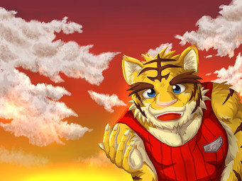 anthro big_muscles blue_eyes clothing eyebrows fur male muscular muscular_anthro muscular_male outside pecs solo sunset thick_eyebrows ojitora morenatsu torahiko_ooshima felid mammal pantherine tiger 4:3