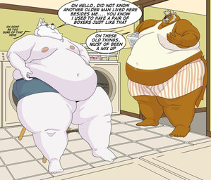 anthro belly big_beard big_belly brown_body brown_fur casual_conversation clothing duo eyewear fur glasses greeting greying_hair huge_belly male moobs obese overweight reality_shift sitting standing text underwear weight_gain white_body white_fur wide_hips lundo joewolf canid canine canis mammal wolf english_text story story_at_source story_in_description