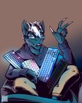 anthro blue_body blue_eyes blue_fur chair clothed clothing computer_keyboard eyewear fur furniture gesture glasses hair horn keyboard male sitting solo teeth_showing waving white_hair deemeeart mythology rhys rhys_londe dragon furred_dragon furred_scalie mythological_creature mythological_scalie scalie 2020 absurd_res digital_drawing_(artwork) digital_media_(artwork) hi_res portrait