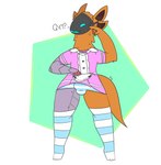 anthro bulge clothed clothing detailed_bulge fur hair humor legwear machine maid_uniform male metal simple_background smile solo thigh_highs tight_clothing underwear uniform phant0mhat canid canine fox mammal protogen hi_res