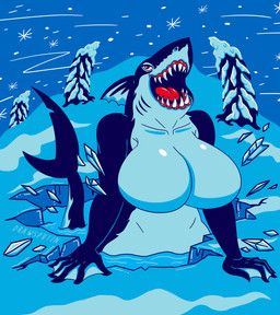 5_fingers anthro arm_support big_breasts big_mouth_(anatomy) big_tongue black_body black_tail blue_sky breasts collarbone dark_body detailed_background featureless_breasts female fin fingers glistening glistening_breasts glistening_eyes glistening_tongue gums huge_breasts iris light_body looking_at_viewer membrane_(anatomy) multicolored_body non-mammal_breasts notched_tail nude nude_anthro nude_female open_mouth open_smile outside partially_submerged plant pupils red_eyes red_tongue sharp_teeth sky smile smiling_at_viewer snout snow snowflake solo tail tail_fin teeth text three-quarter_view tongue tree two_tone_body two_tone_tail water webbed_hands white_body white_breasts white_sclera white_tail winter drawsputin aquatic fish shark 2025 absurd_res artist_name digital_drawing_(artwork) digital_media_(artwork) hi_res restricted_palette