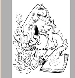 anthro bottomwear clothing fluffy fluffy_chest food fruit gloves handwear long_ears male melon pants plant ponytail_ears shirtless small_waist solo watermelon youzaiyouzai112 bandai_namco digimon digimon_ghost_game digimon_(species) lagomorph leporid mammal rabbit symbareangoramon sketch