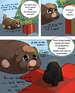 4_missing_limbs abuse ambiguous_gender amputee bodily_fluids box brown_body brown_fur child_abuse christmas_tree coal container crying dialogue disability feral fur gift_box holidays lying missing_all_legs offscreen_character on_front open_mouth plant smile tears text tree young young_ambiguous young_feral twt christmas fluffy_pony fudge_(twt) fluffy_pony_(species) mammal 2025 absurd_res broken_english comic english_text hi_res