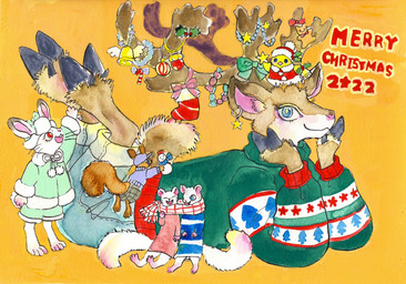 ambiguous_gender anthro antlers bell christmas_clothing clothed clothing female feral fur group headgear holidays hooves horn scarf sweater text topwear young kyokyota christmas avian bird deer lagomorph leporid mammal murid murine mustelid musteline new_world_deer rabbit reindeer rodent sciurid stoat tree_squirrel true_musteline weasel 2022 english_text hi_res traditional_media_(artwork)