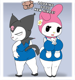annoyed anthro big_breasts big_butt biped black_eyes black_hood black_hose black_tail black_text blue_bottomwear blue_clothing blue_skirt blue_suit_jacket blue_topwear blush blush_lines bodily_fluids bottomwear breasts butt button_ears cleavage clothed clothed_anthro clothed_female clothing dialogue duo_focus embarrassed empty_eyes eyelashes eyes_closed featureless_hands female female_anthro fingernails floppy_ears fur group head_turned laugh looking_back male mouth_closed nails pink_body pink_hood pink_nose pink_skin skirt solo_focus spade_tail standing suit_jacket sweat sweaty_face tail talking_to_another text topwear trio white_body white_eyes white_fur white_tail white_text yellow_nose dedreds aggretsuko onegai_my_melody sanrio director_ton kuromi my_melody demon domestic_pig lagomorph leporid mammal rabbit suid suine sus_(pig) 2025 crossover english_text hi_res