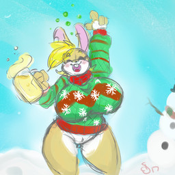 alcohol anthro beer beverage big_breasts blonde_hair blush bottomless breasts brown_body brown_fur buckteeth clothed clothing curvy_figure drunk female fur hair holidays huge_breasts solo substance_intoxication sweater teeth topwear voluptuous pookahforhire christmas buzz_brambles lagomorph leporid mammal rabbit 1:1