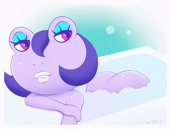 anthro bathtub bedroom_eyes bubble bubble_bath butt female narrowed_eyes nude partially_submerged presenting presenting_hindquarters seductive solo sirredbenjamin animal_crossing nintendo diva_(animal_crossing) amphibian frog 2023 hi_res