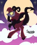 bovid_horn bow_tie caprine_horn cloud full_moon fur hooves horn looking_back membrane_(anatomy) membranous_wings moon ram_horn rear_view red_body red_fur rim_light sky spade_tail star suit_jacket tail wings squigglydraws hazbin_hotel razzle_(hazbin_hotel) demon unknown_species absurd_res hi_res signature