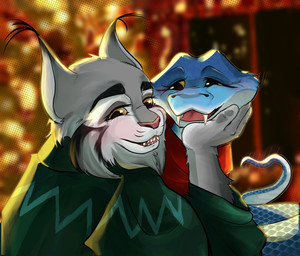 anthro blue_body blue_scales blush clothed clothing duo fangs feral fur grey_body grey_fur half-closed_eyes looking_at_viewer looking_back male narrowed_eyes scales smile sweater tail teeth topwear oguuxi disney zootopia gary_de'snake pawbert_lynxley canada_lynx felid feline lynx mammal pit_viper reptile scalie snake viper digital_media_(artwork) hi_res